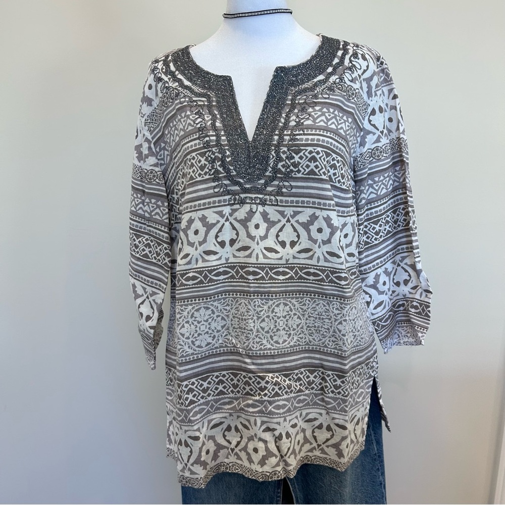 JM Collection 100% Linen Tunic Gray and White Patterned
